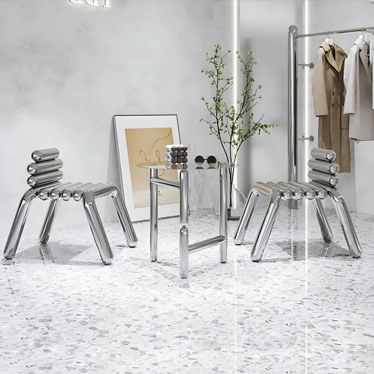 Modern Silver Metal Accent Chair with Fixed Back and Four Legs