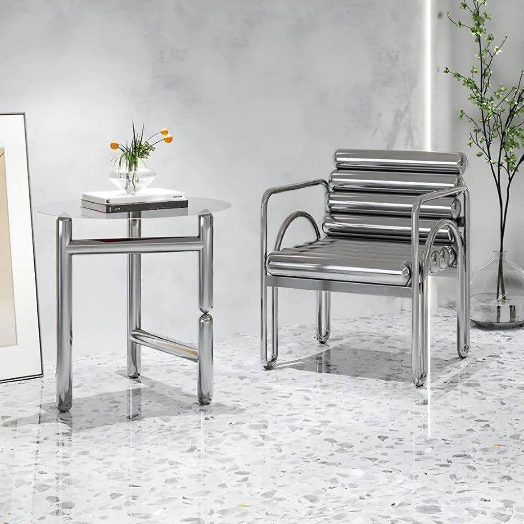 Modern Silver Metal Accent Chair with Fixed Back and Four Legs