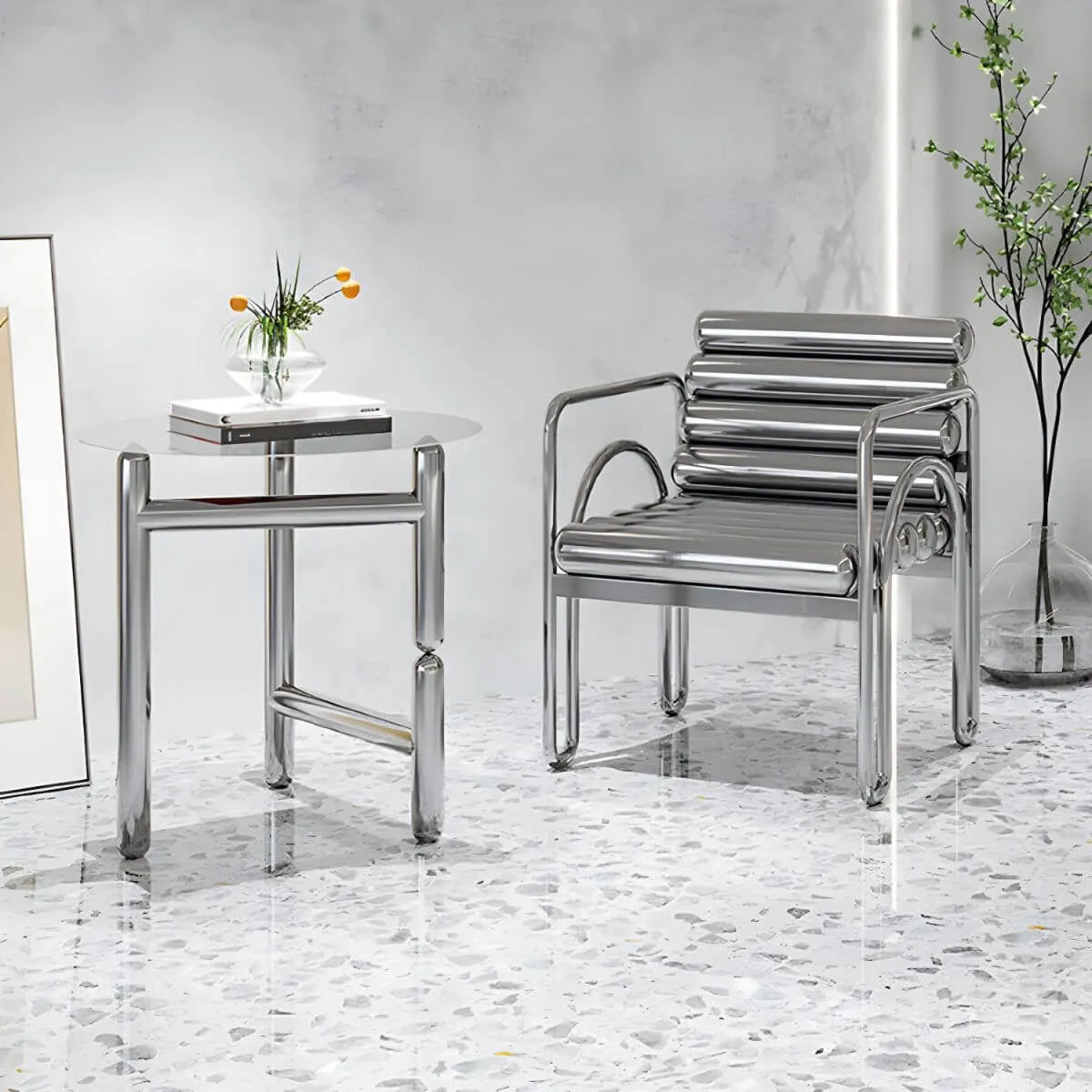 Modern Silver Metal Accent Chair with Fixed Back and Four Legs
