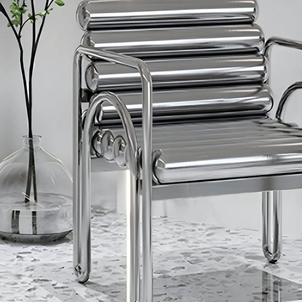 Modern Silver Metal Accent Chair with Fixed Back and Four Legs