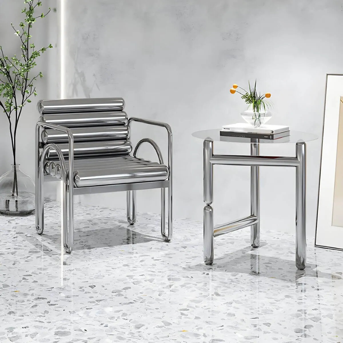 Modern Silver Metal Accent Chair with Fixed Back and Four Legs Main Product Image