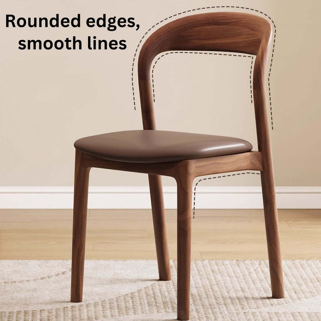 Brown leather dining chair with a modern curved back and simplistic design, single piece