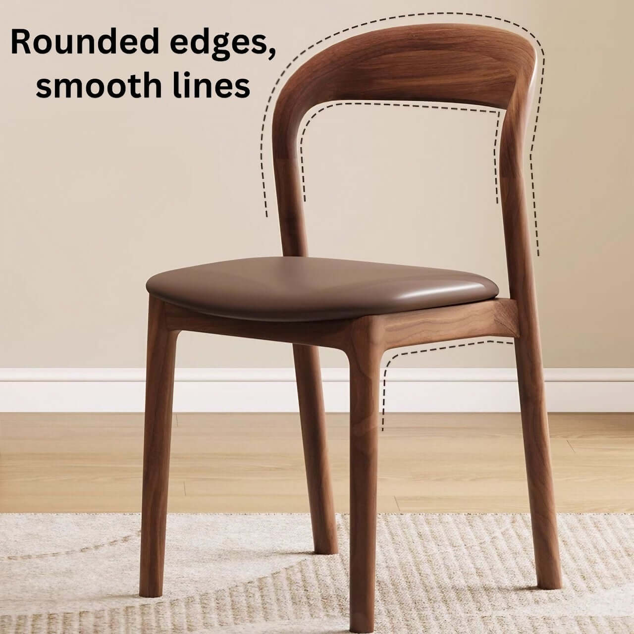 Brown leather dining chair with a modern curved back and simplistic design, single piece