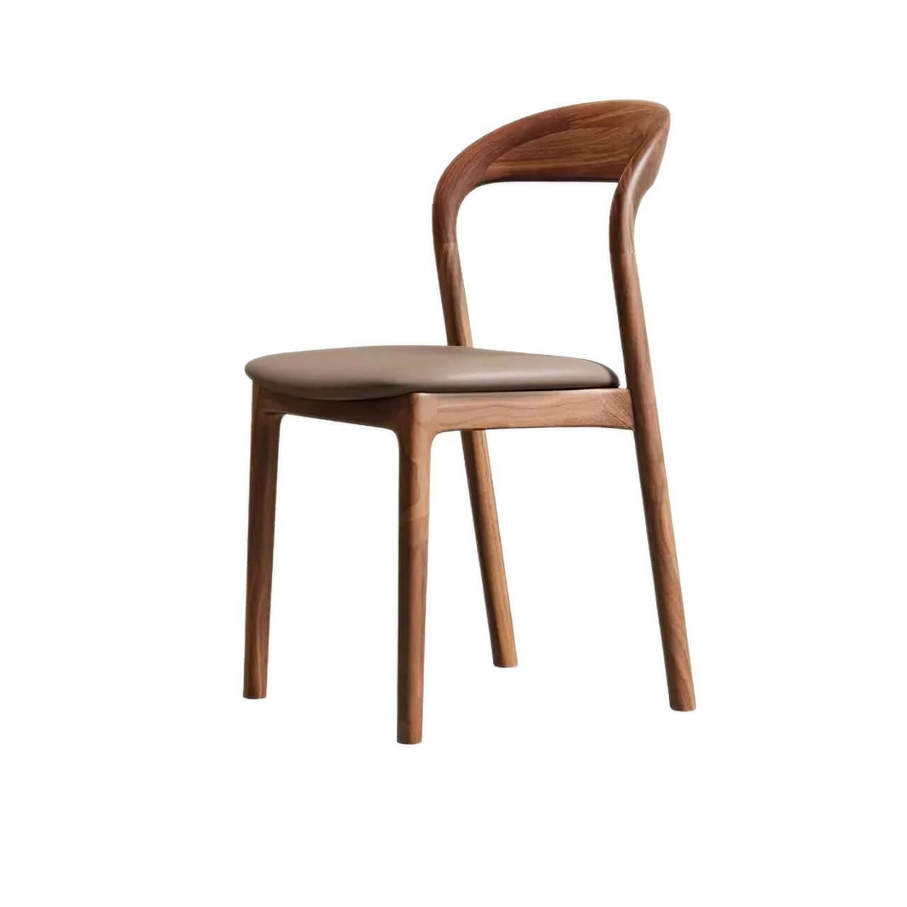 Brown leather dining chair with a modern curved back and simplistic design, single piece