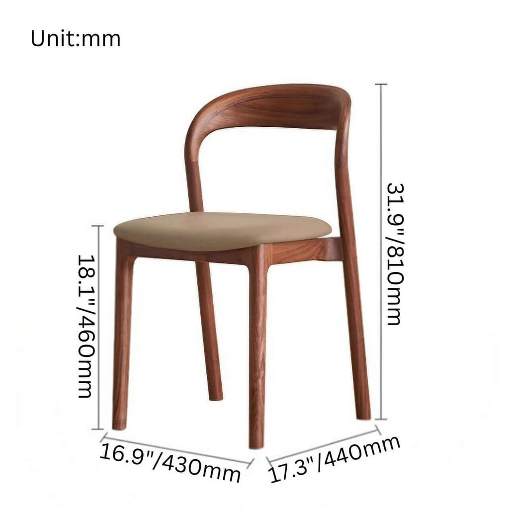 Brown leather dining chair with a modern curved back and simplistic design, single piece dimensions