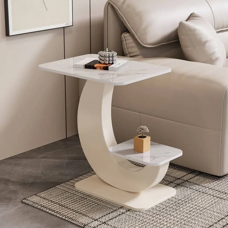 Modern Sintered Stone Chairside Table with Sculptural Steel Base