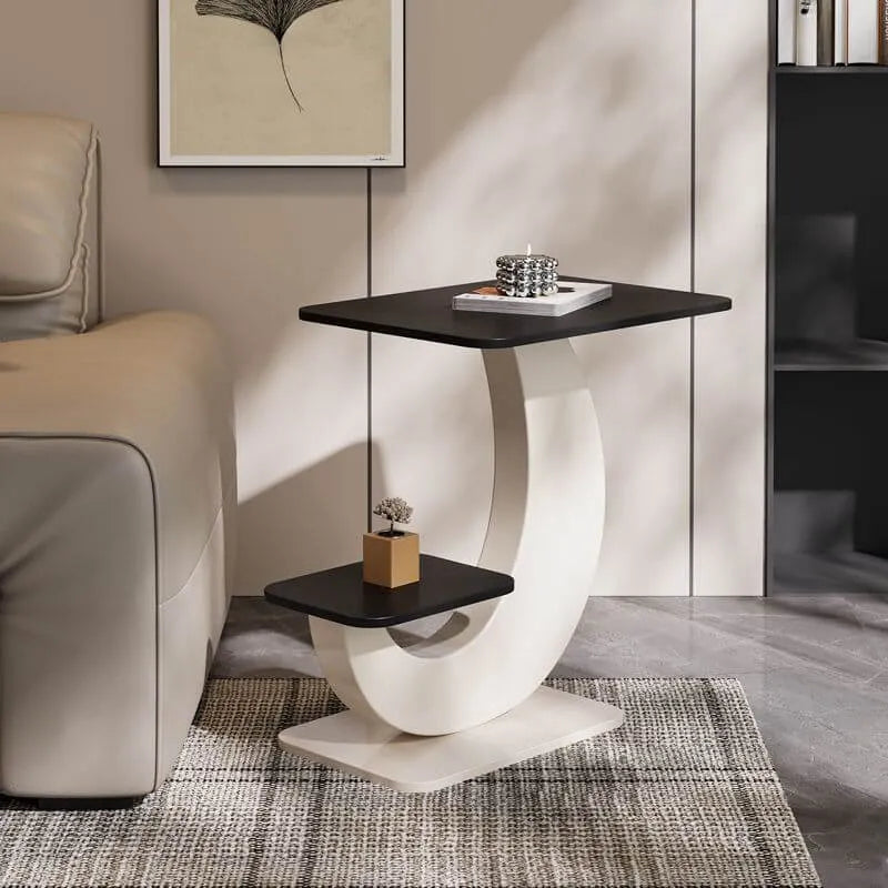 Modern Sintered Stone Chairside Table with Sculptural Steel Base