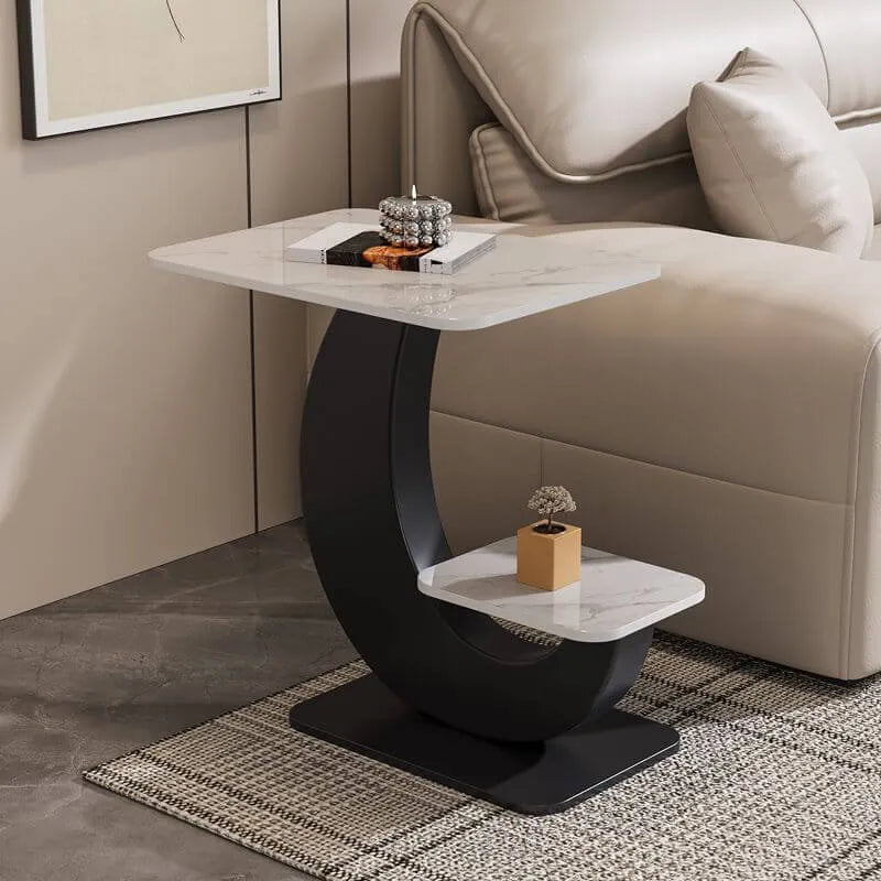 Modern Sintered Stone Chairside Table with Sculptural Steel Base