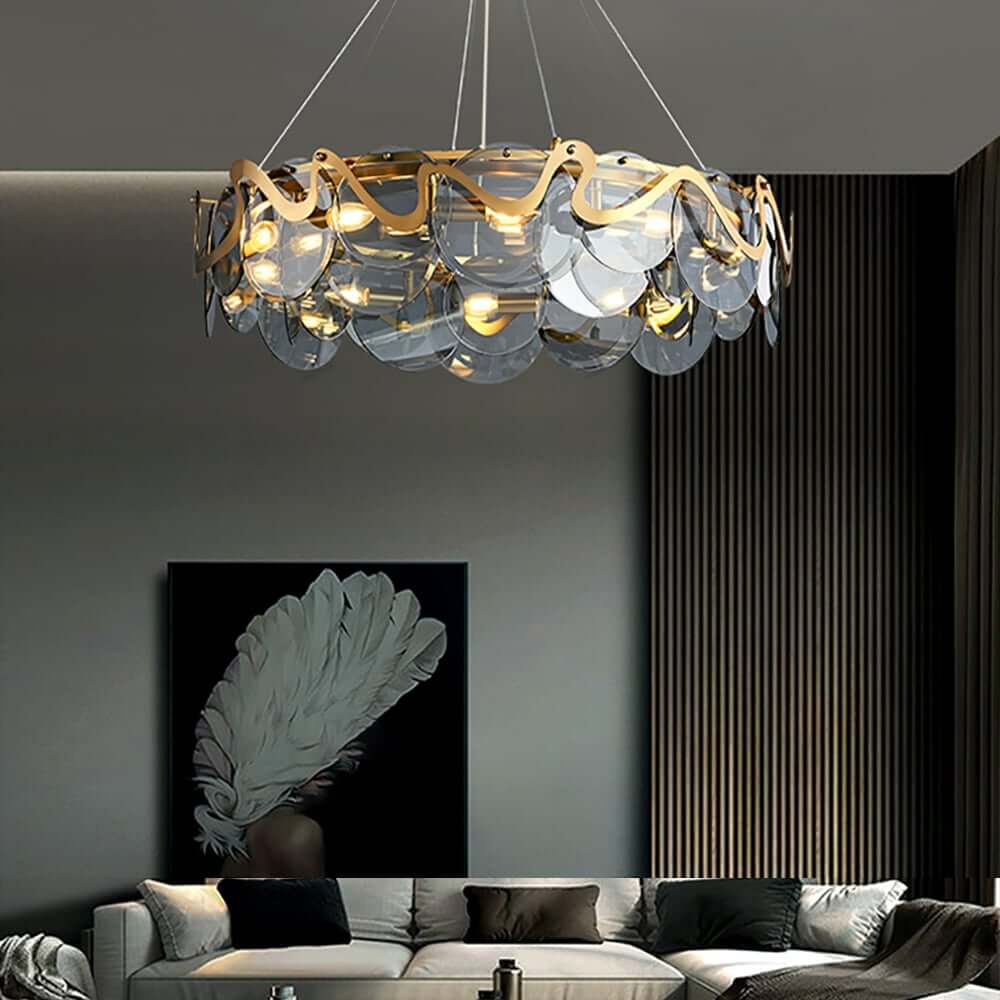 Modern Smokey Gray Glass Drum Chandelier with Adjustable Height