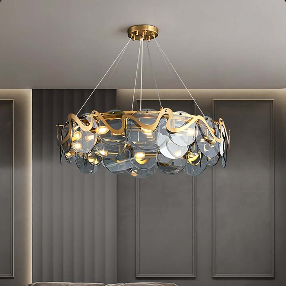 Modern Smokey Gray Glass Drum Chandelier with Adjustable Height