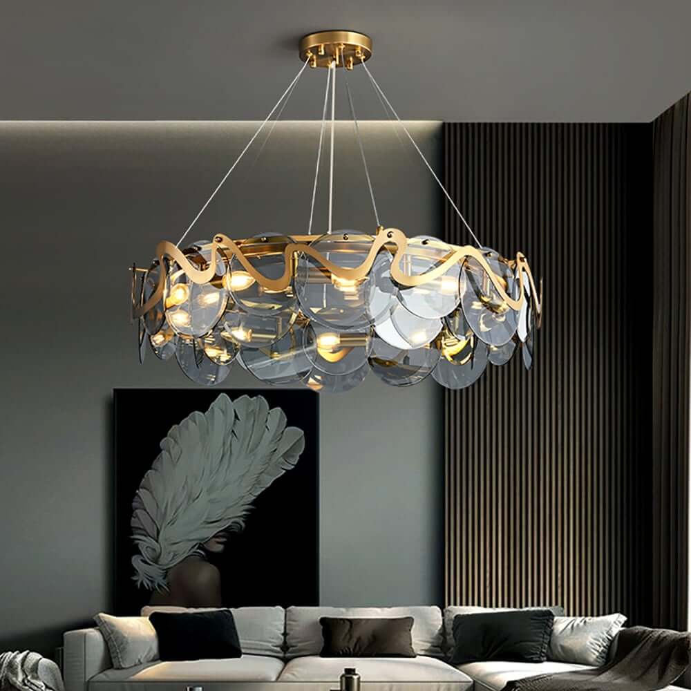 Modern Smokey Gray Glass Drum Chandelier with Adjustable Height Main Product Image
