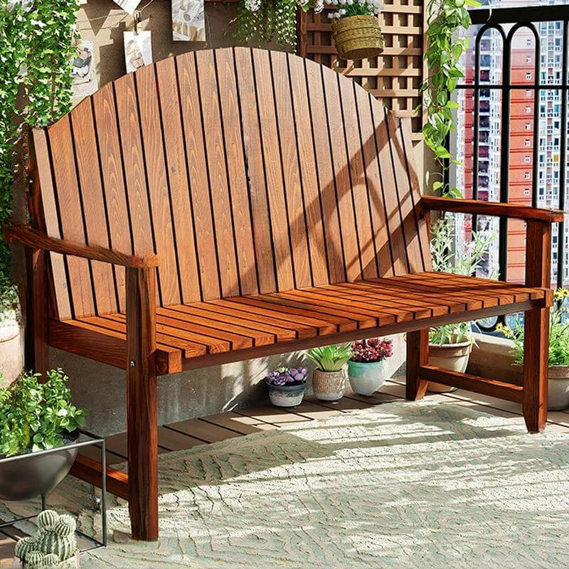 Modern Solid Wood Outdoor Bench with Curved Back and Arms