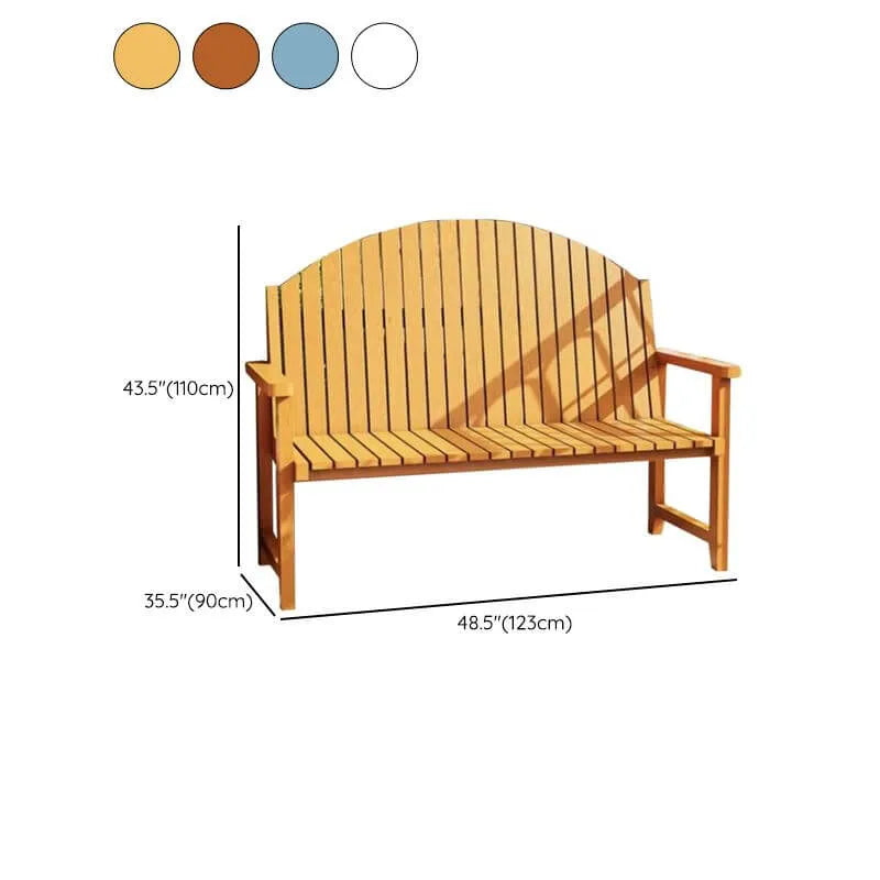 Modern Solid Wood Outdoor Bench with Curved Back and Arms Dimensions