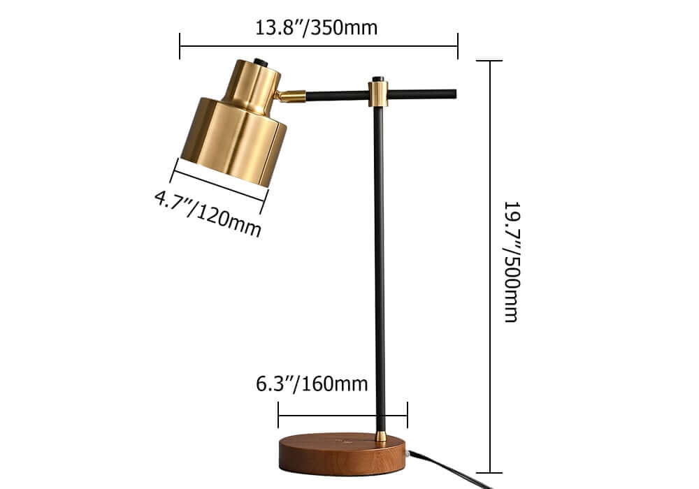 Modern Solid Wood Table Lamp with Gold Accents and USB Charging Dimensions