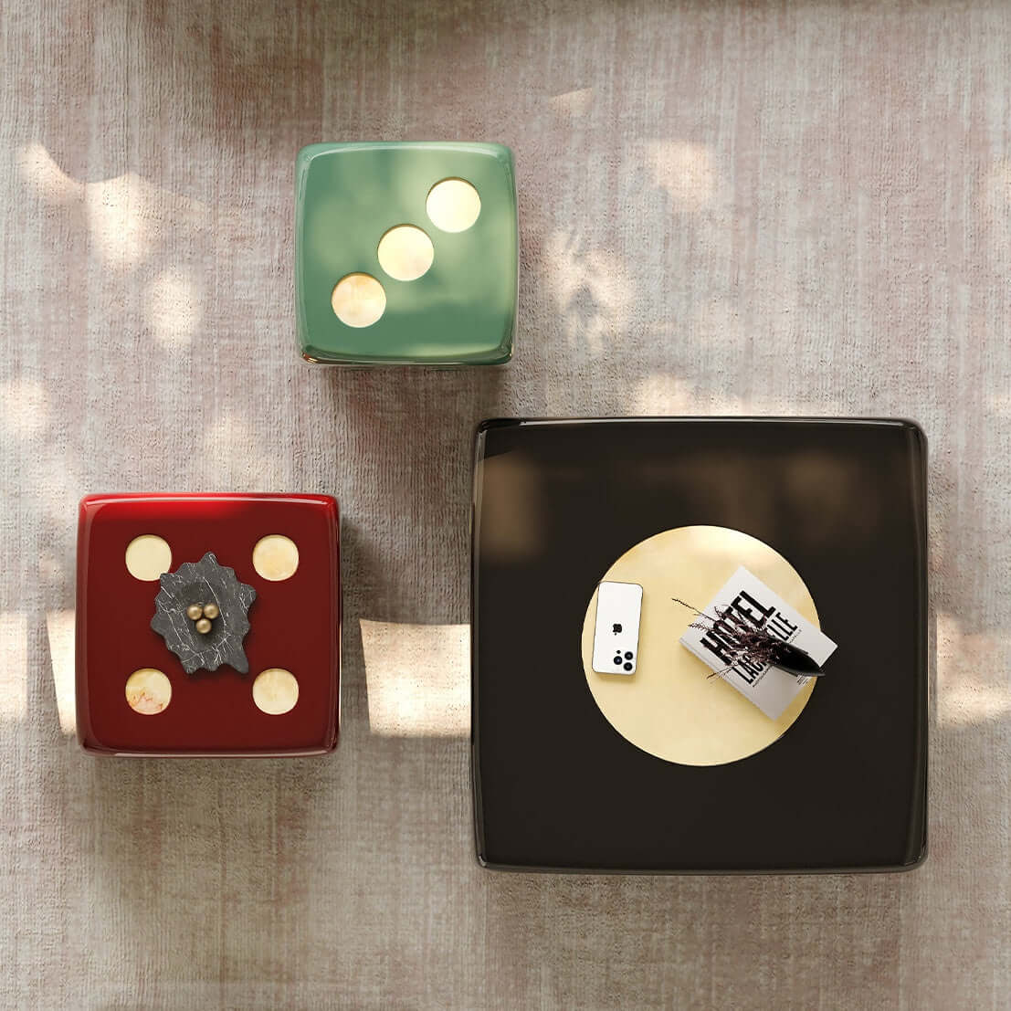 Modern Square Coffee Table Set with Artistic Dice Design