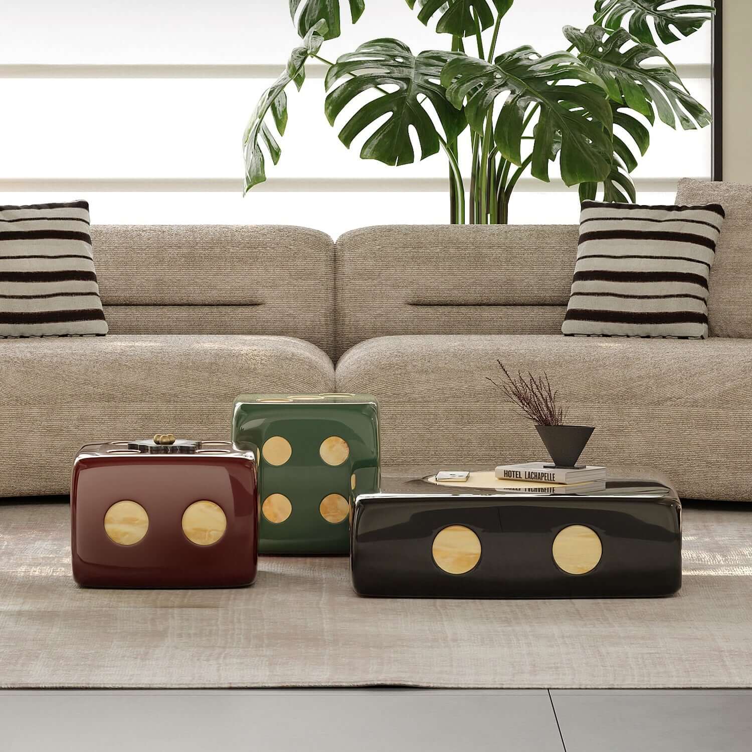 Moderner quadratischer Beistelltisch-Set mit künstlerischem Würfel-Design Zweitbild