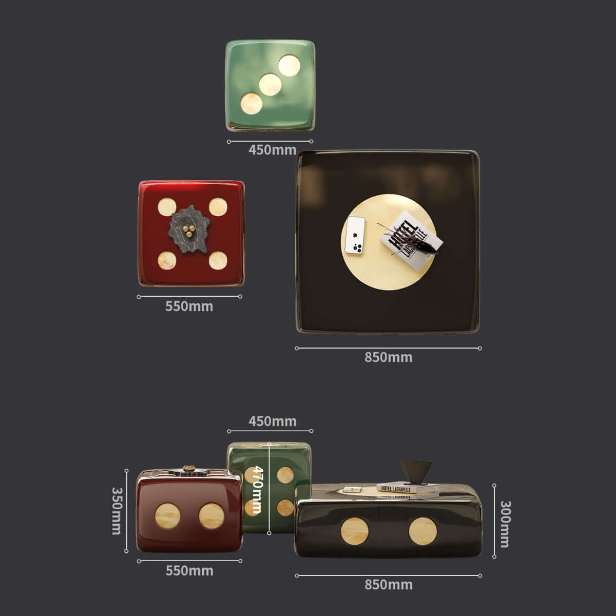 Modern Square Coffee Table Set with Artistic Dice Design Dimensions