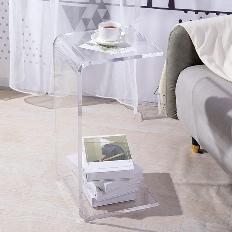 Modern Square Lucite C-Table in Black, Tan & Clear