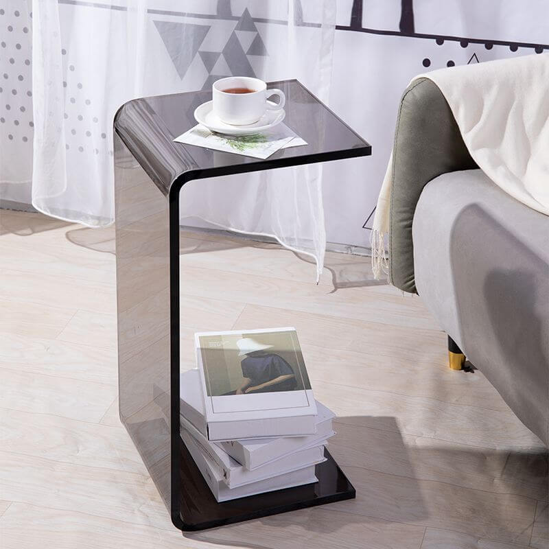 Modern Square Lucite C-Table in Black, Tan & Clear Main Product Image