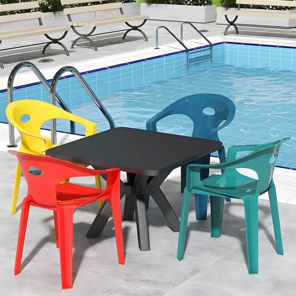 Modern Square Plastic Dining Table for Patio – Waterproof & Umbrella-Ready