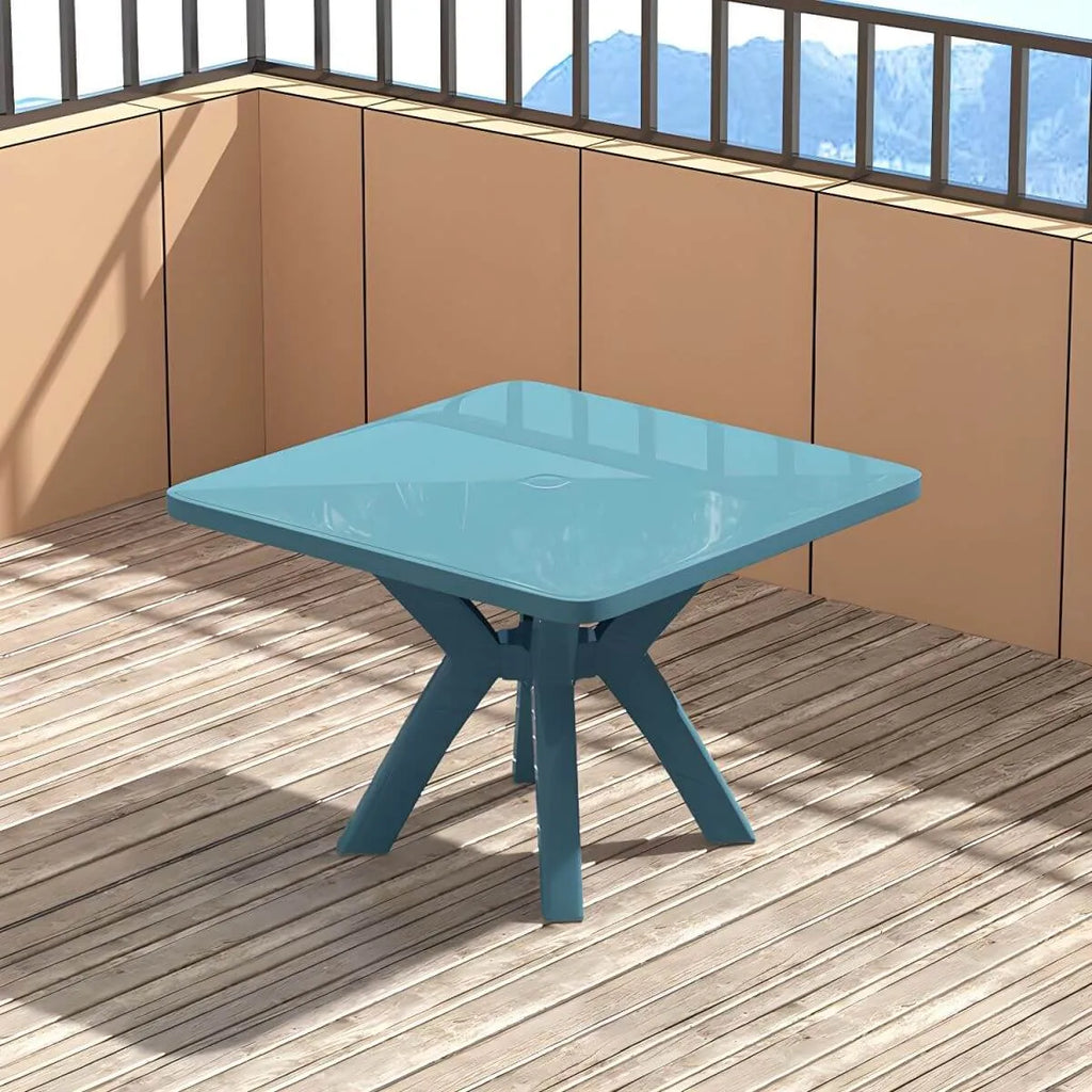 Modern Square Plastic Dining Table for Patio – Waterproof & Umbrella-Ready