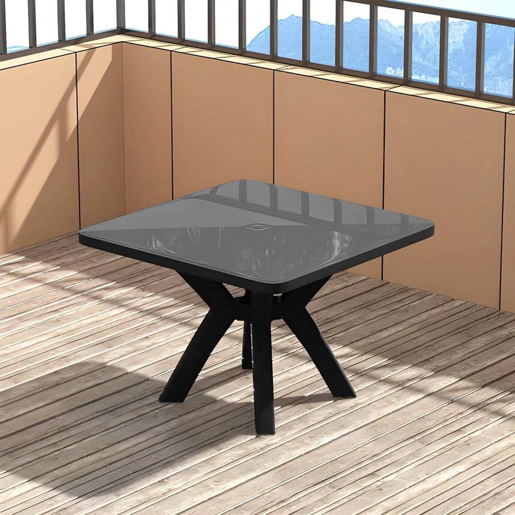 Modern Square Plastic Dining Table for Patio – Waterproof & Umbrella-Ready