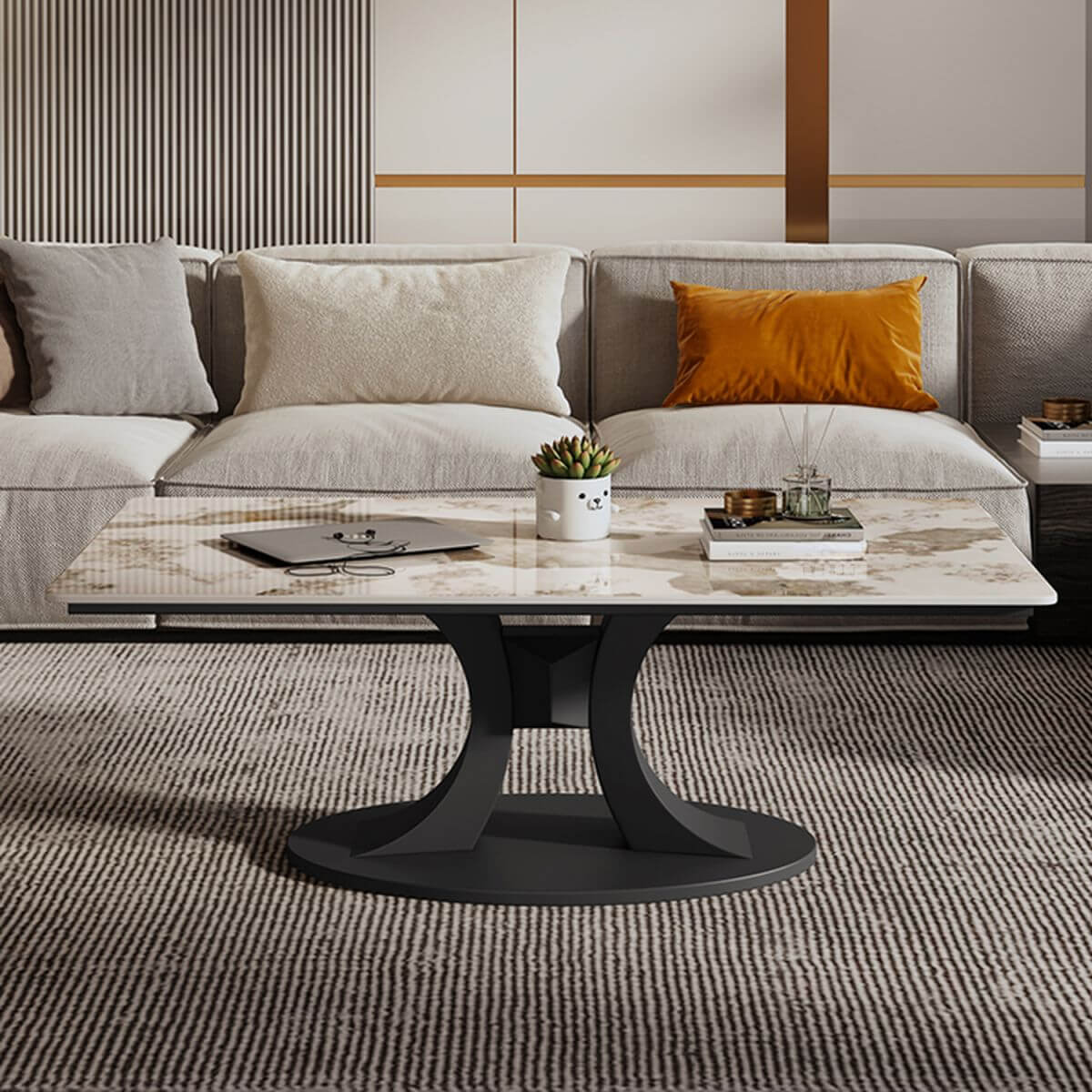 Modern Square/Rectangle Sintered Stone Coffee Table with Abstract Metal Base Imagen secundaria del producto