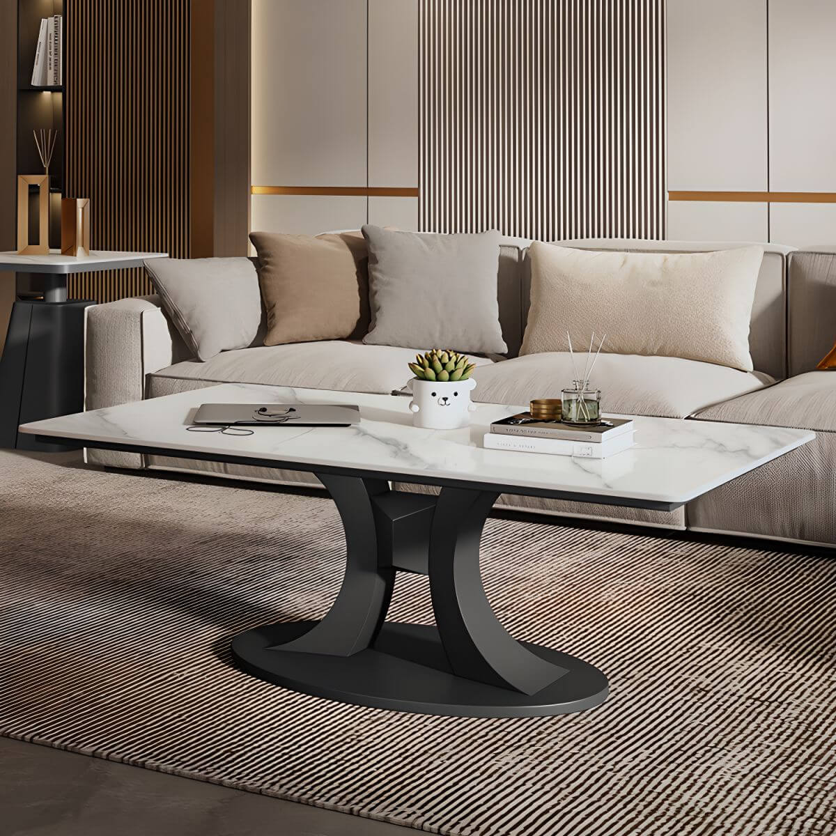 Modern Square/Rectangle Sintered Stone Coffee Table with Abstract Metal Base Main Product Image Imagen principal del producto