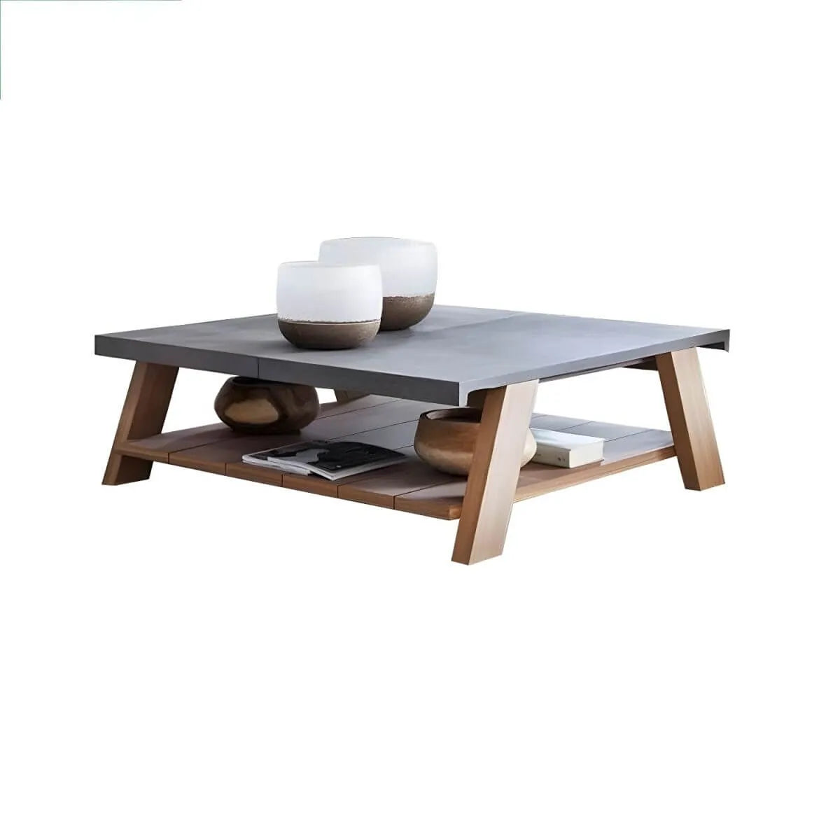 Modern Stone Top Outdoor Coffee Table with Wood & Metal Frame