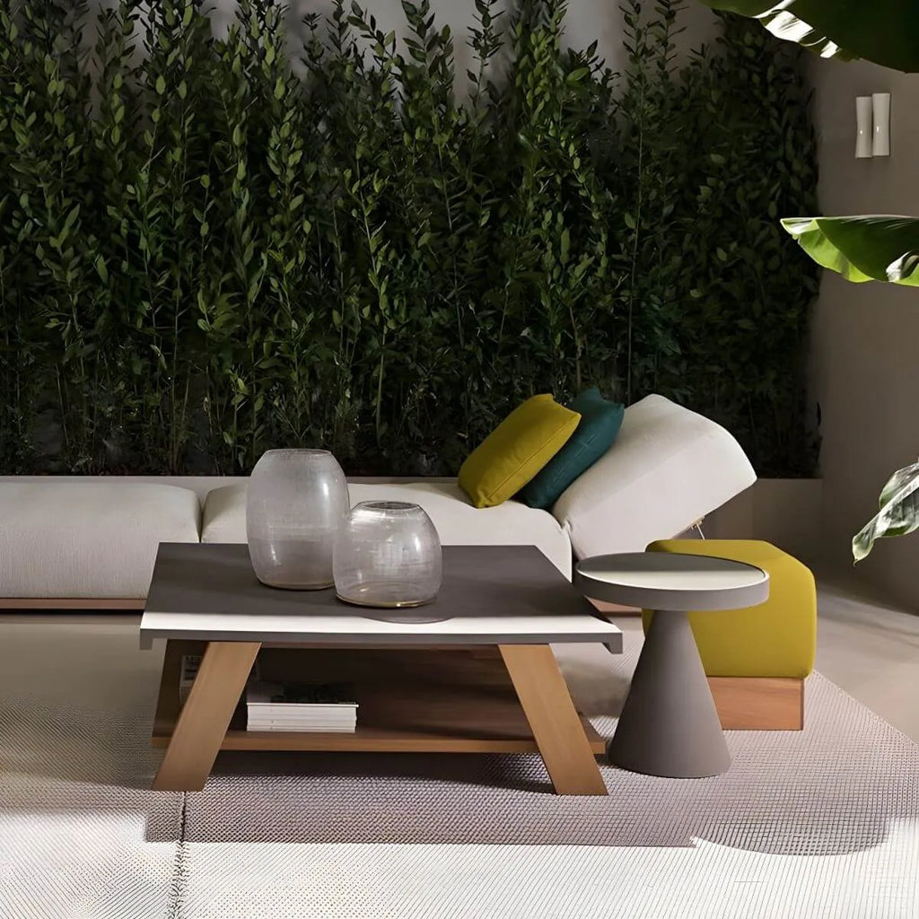 Modern Stone Top Outdoor Coffee Table with Wood & Metal Frame
