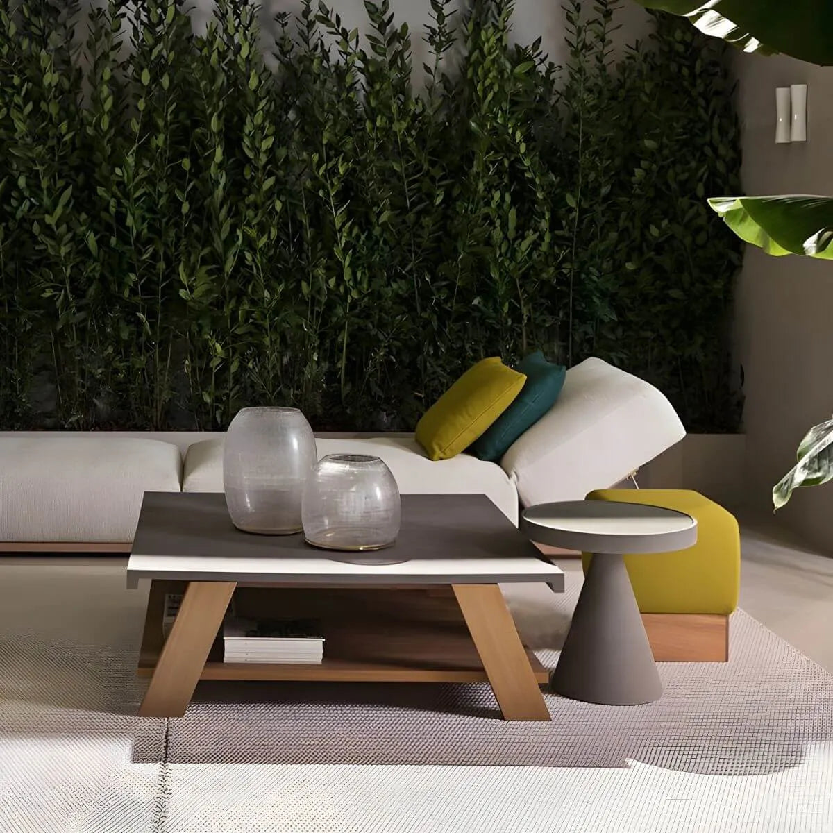 Modern Stone Top Outdoor Coffee Table with Wood & Metal Frame