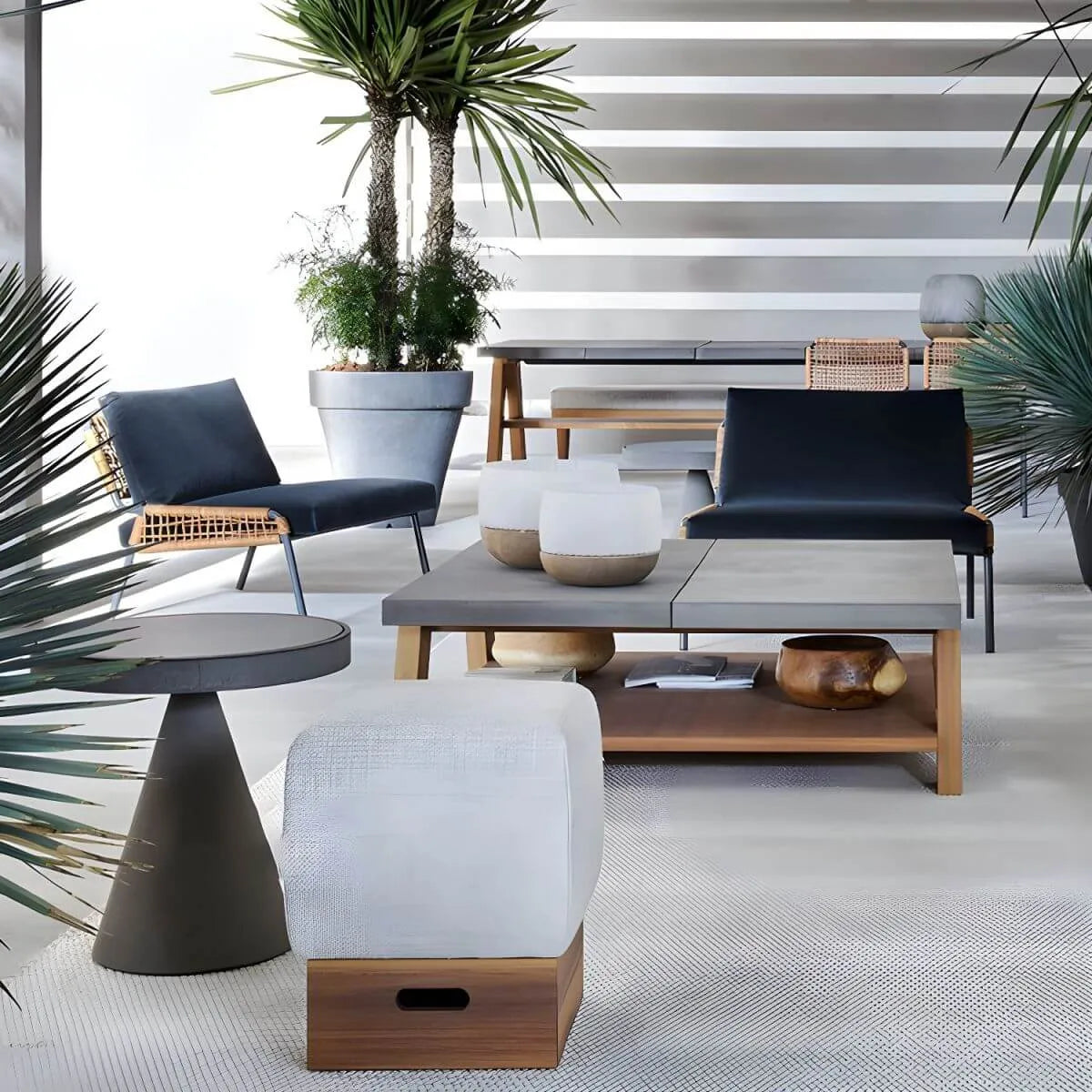 Modern Stone Top Outdoor Coffee Table with Wood & Metal Frame