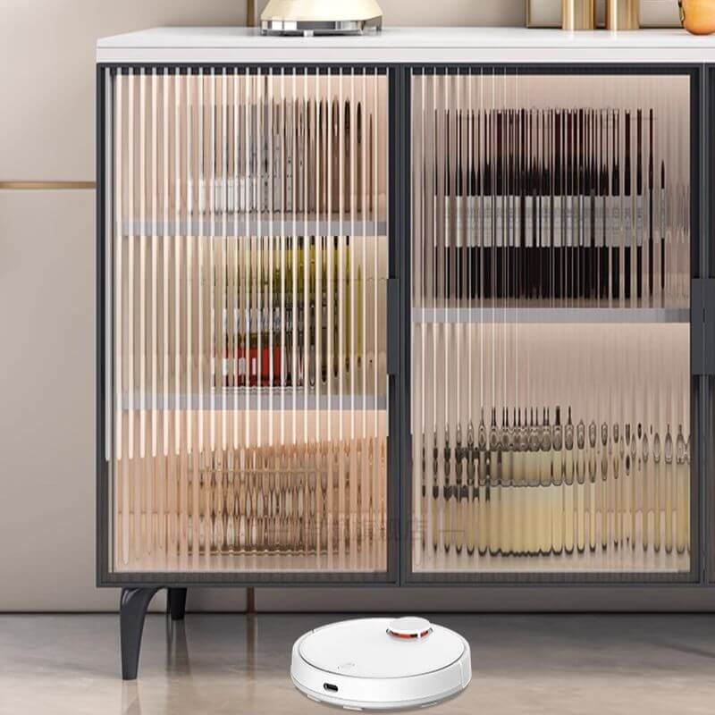 Modern Stone Top Sideboard with Rattan Glass Doors and Metal Frame