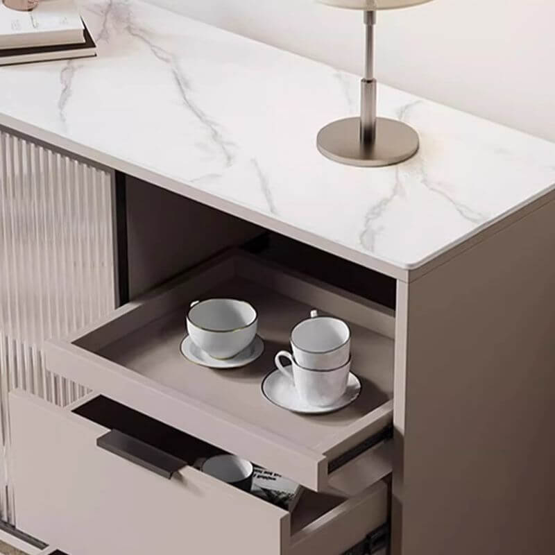 Modern Stone Top Sideboard with Rattan Glass Doors and Metal Frame