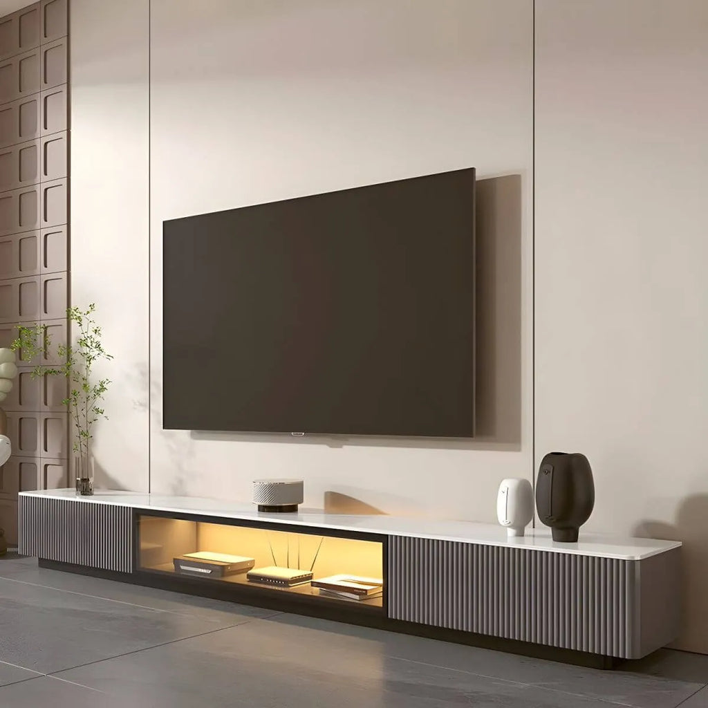 Modern Stone TV Stand with Soft-Close Drawers & LED Lighting