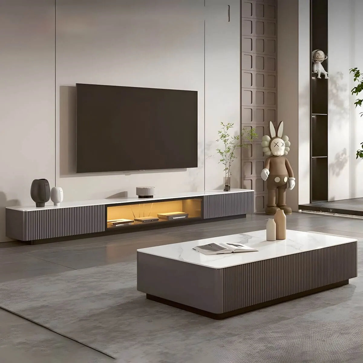Modern Stone TV Stand with Soft-Close Drawers & LED Lighting