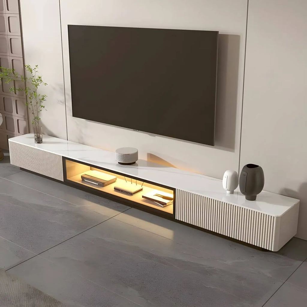 Modern Stone TV Stand with Soft-Close Drawers & LED Lighting