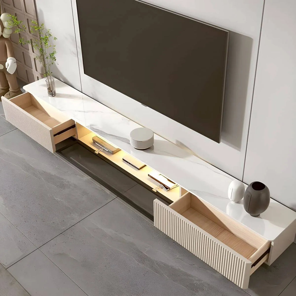 Modern Stone TV Stand with Soft-Close Drawers & LED Lighting