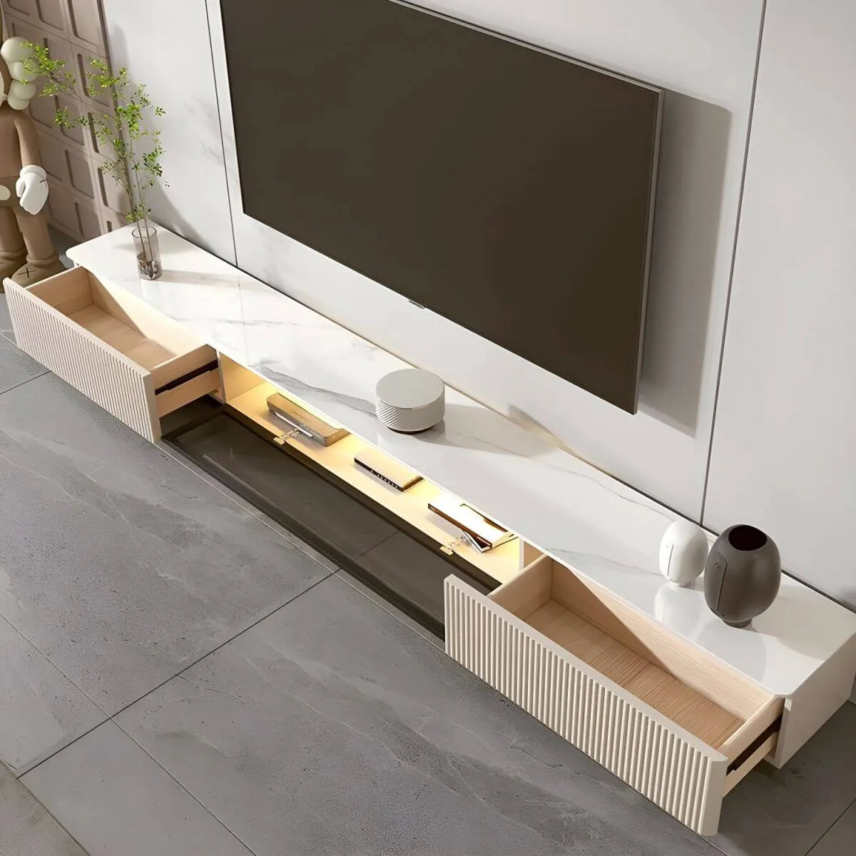 Modern Stone TV Stand with Soft-Close Drawers & LED Lighting