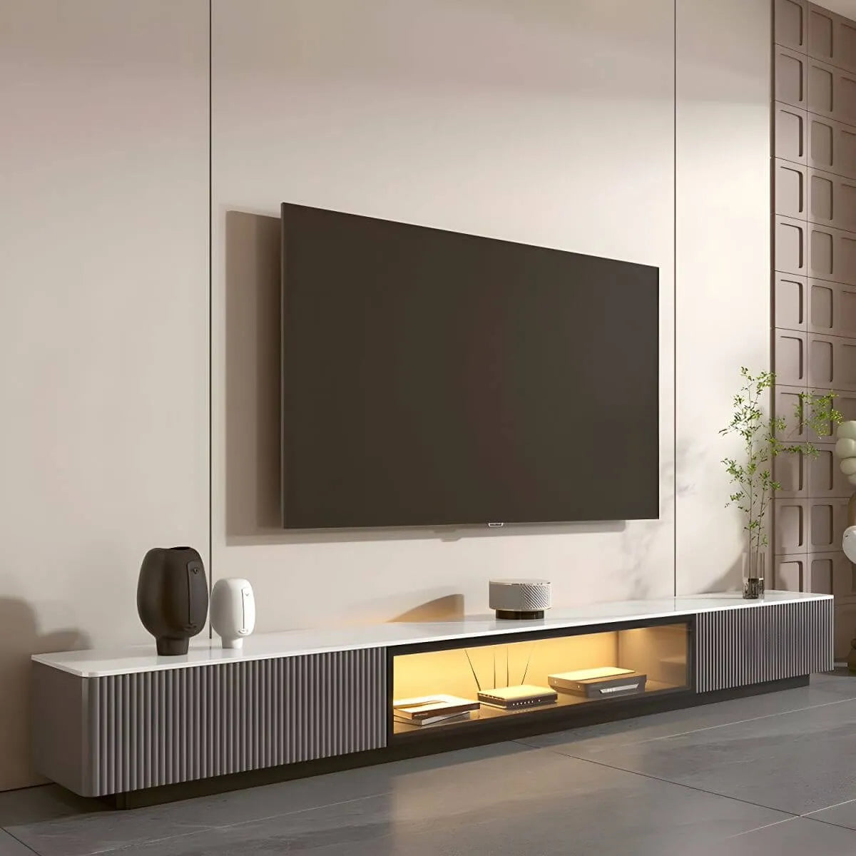 Modern Stone TV Stand with Soft-Close Drawers & LED Lighting