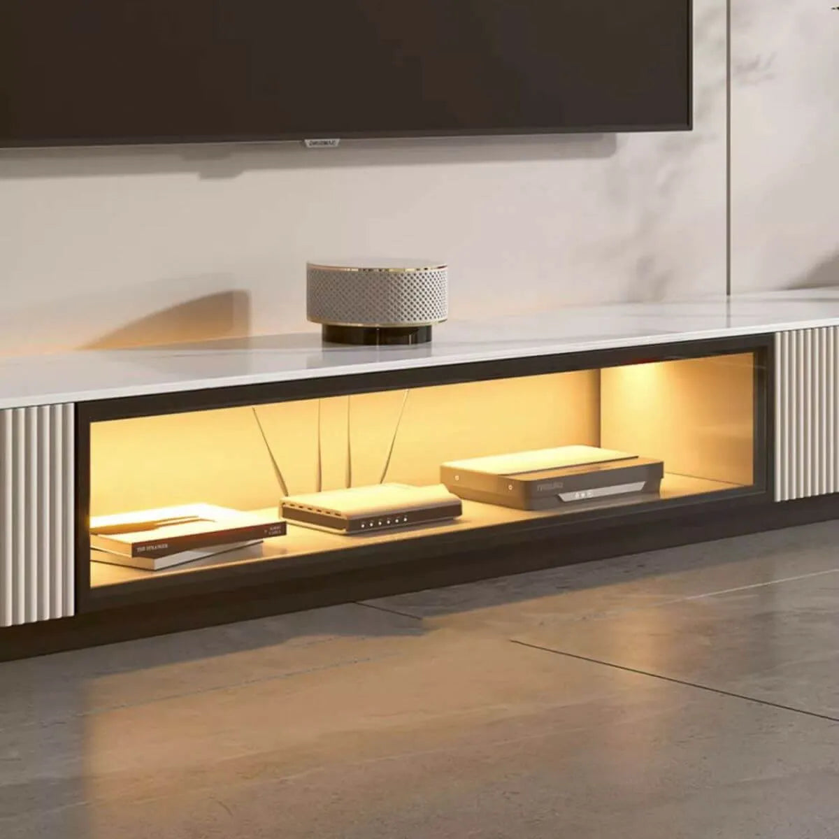 Modern Stone TV Stand with Soft-Close Drawers & LED Lighting