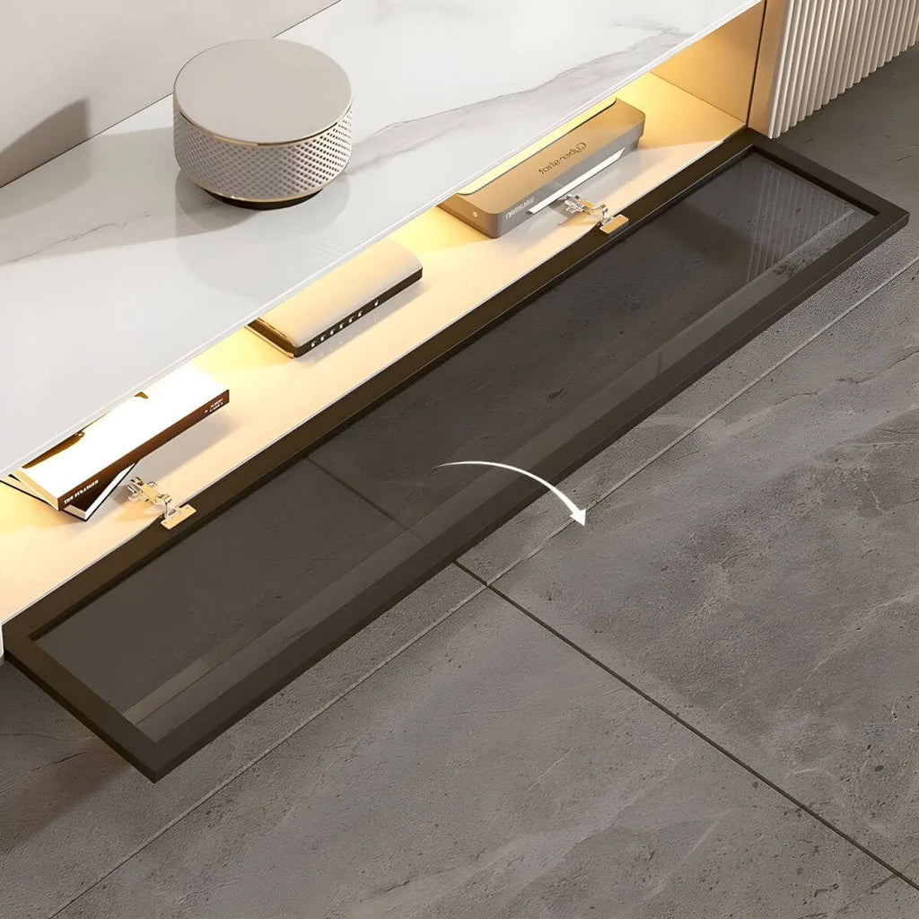 Modern Stone TV Stand with Soft-Close Drawers & LED Lighting