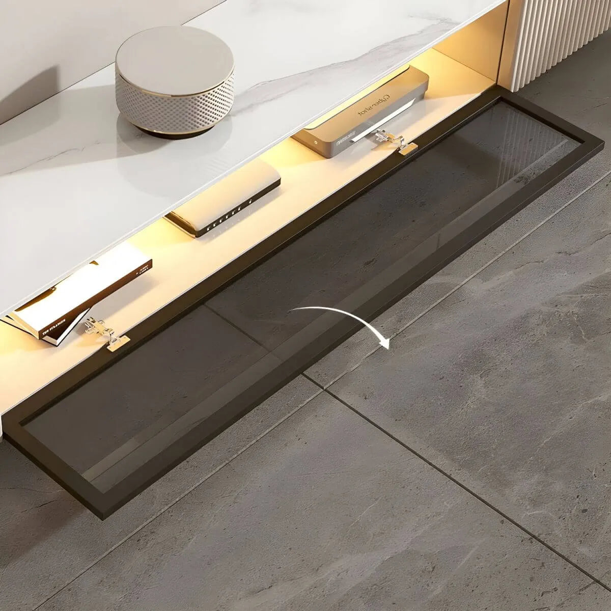 Modern Stone TV Stand with Soft-Close Drawers & LED Lighting