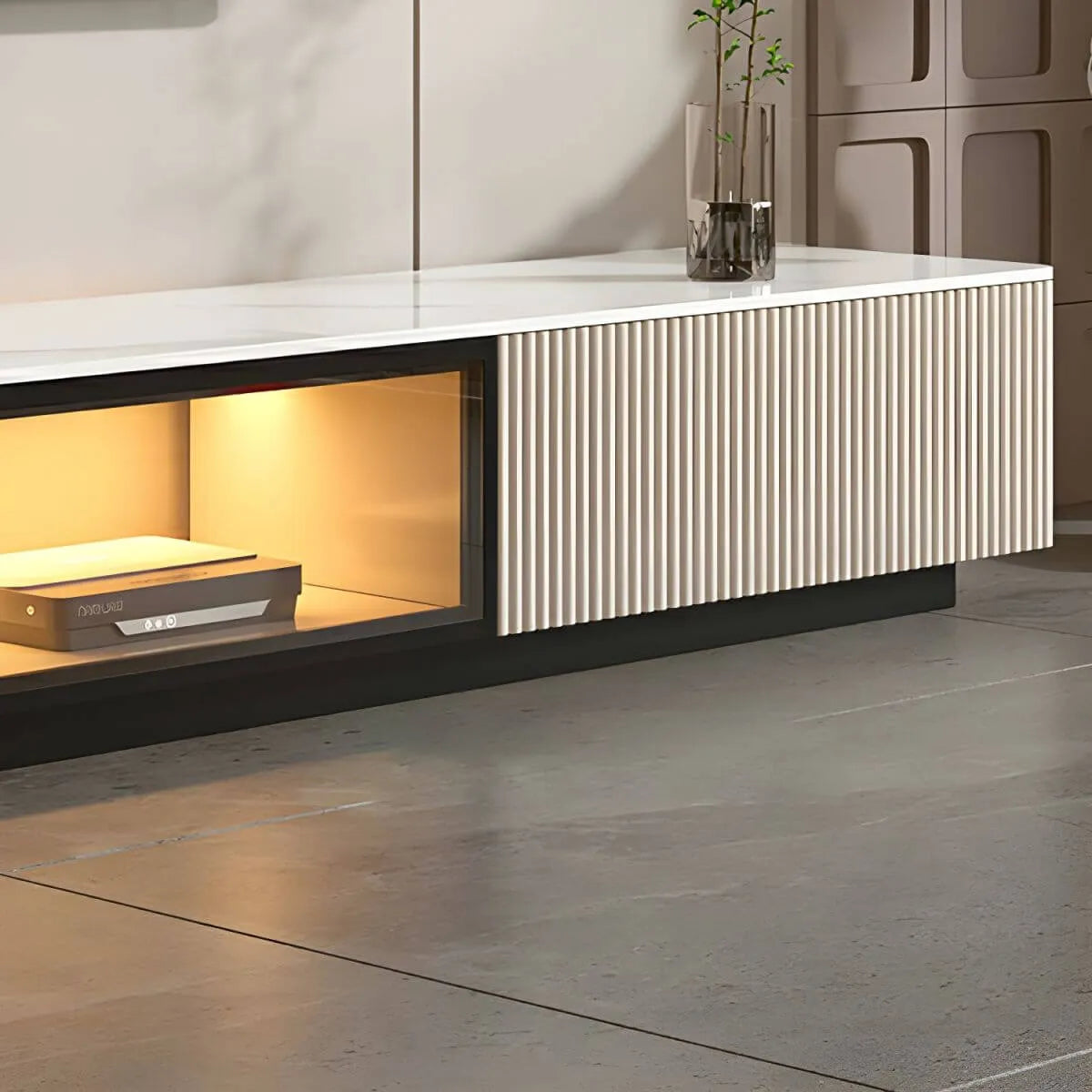 Modern Stone TV Stand with Soft-Close Drawers & LED Lighting