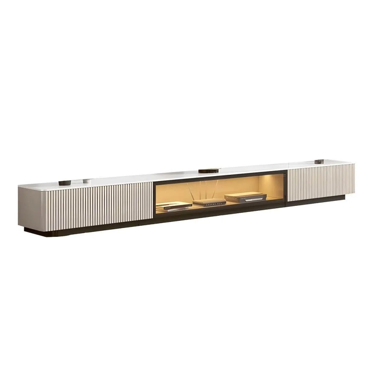Modern Stone TV Stand with Soft-Close Drawers & LED Lighting