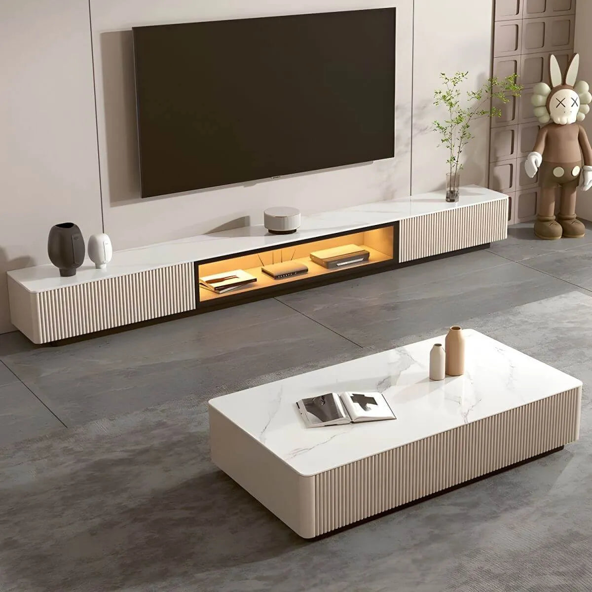 Modern Stone TV Stand with Soft-Close Drawers & LED Lighting Main Product Image Main image