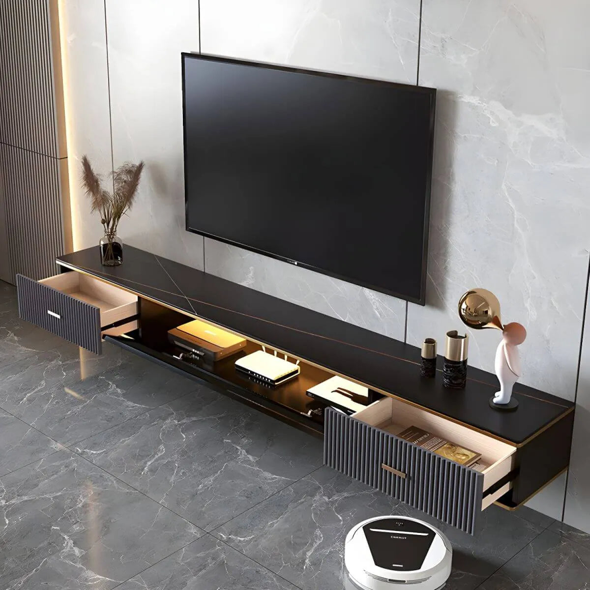 Modern Stone Wall-Mounted TV Stand with Drawers and LED Lighting