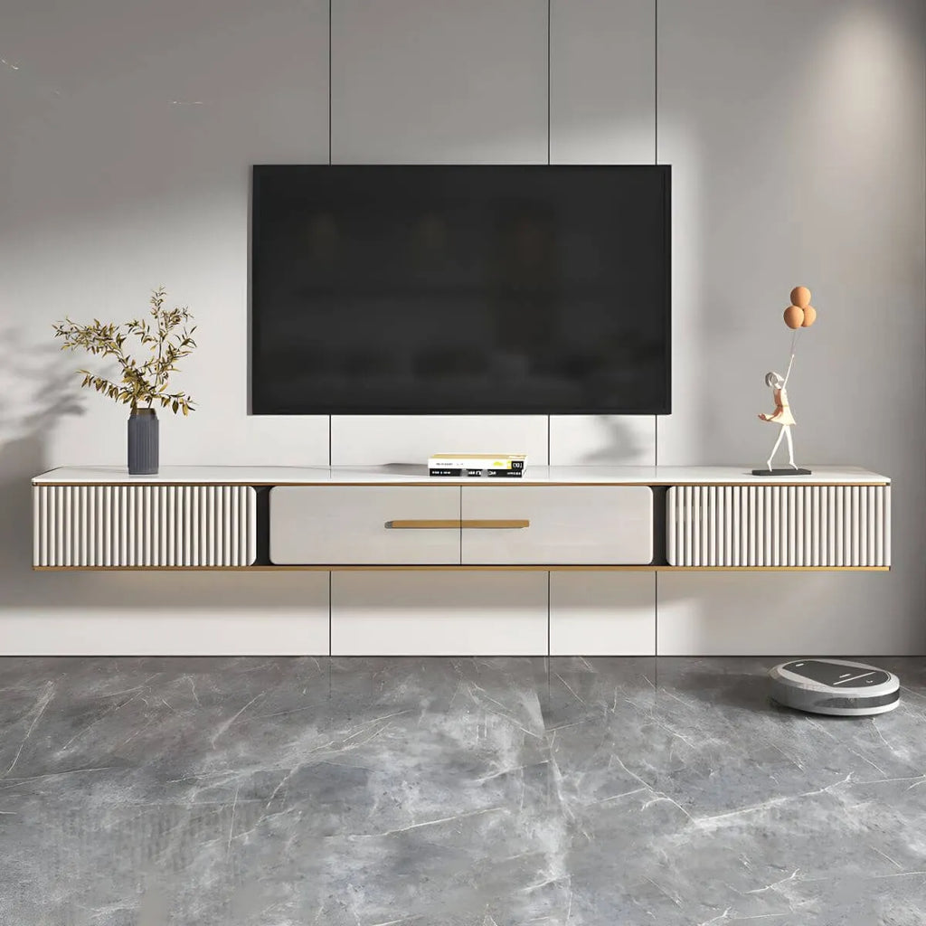 Modern Stone Wall-Mounted TV Stand with Drawers and LED Lighting