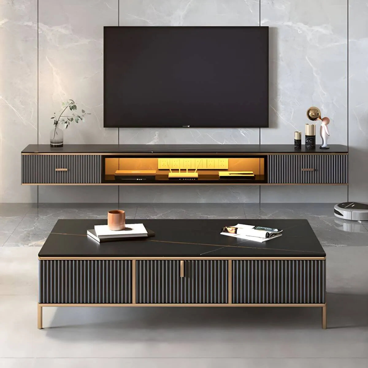 Modern Stone Wall-Mounted TV Stand with Drawers and LED Lighting Secondary image