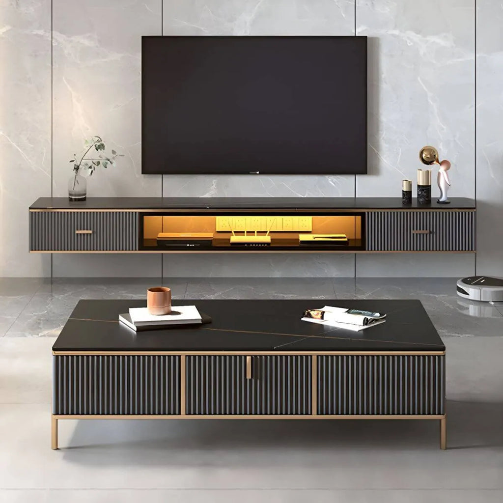Modern Stone Wall-Mounted TV Stand with Drawers and LED Lighting